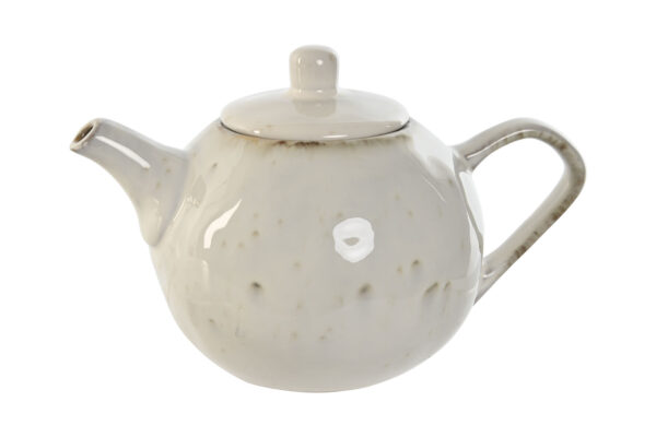 Vista lateral de tetera de gres 850 ml en color blanco moteado